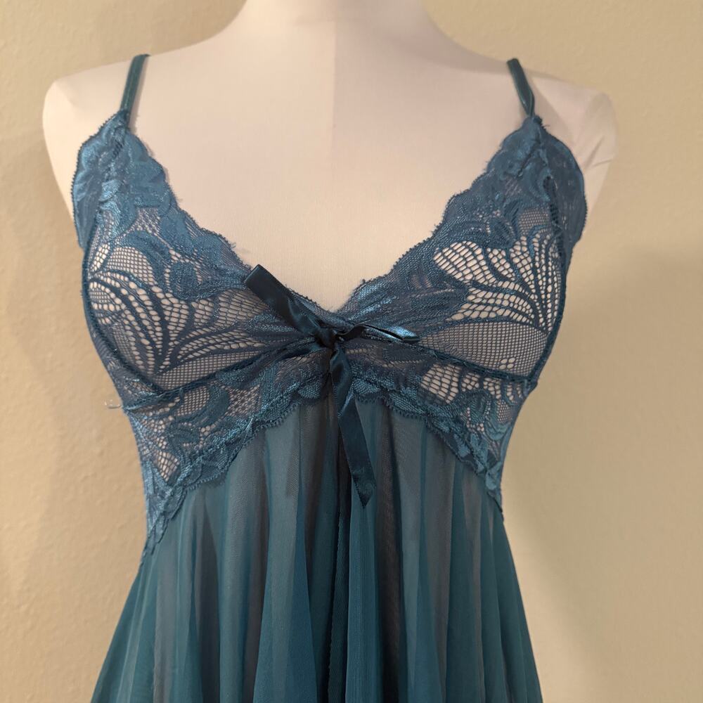 Blue Sheer Lace Babydoll Chemise Tank Nightgown Lingerie Handkerchief XS Sexy - Picture 3 of 8